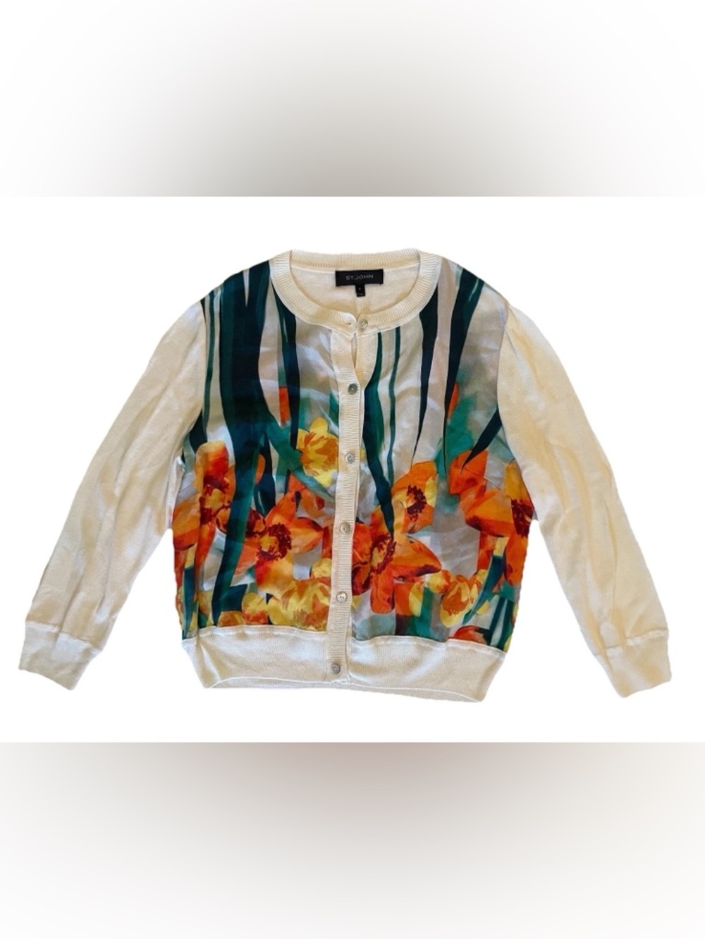 St. John White Cardigan with Orange & Teal Floral Print